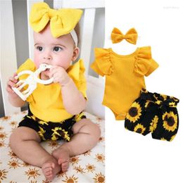 Clothing Sets 0-24months Baby Girl 3pcs Clothes Set Yellow Ruffled Romper Sunflower Print Shorts Bow Headband Infant Girls Summer Suits