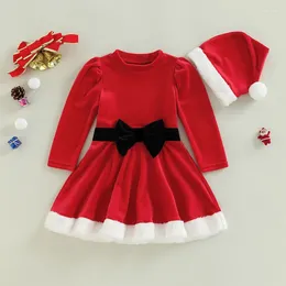 Girl Dresses 0-4T Christmas Baby Clothes Bow Dress Children Toddler Infant Born Velvet Ruffle Santa Hat Xmas Sets