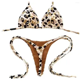 Women's Swimwear Stylish Beachwear Leopard Print Halter Bra High Waist Lace-up Thong Bikini Set Cherry Brazilian Swimsuit Two For Women