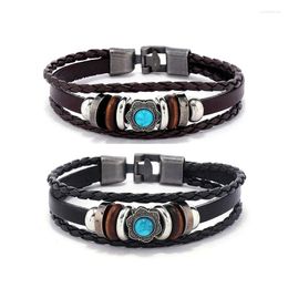Charm Bracelets Vintage Genuine Leather Bracelet Synthetic Turquoise Stone Tibetan Lotus Flower For Women Men Wristband