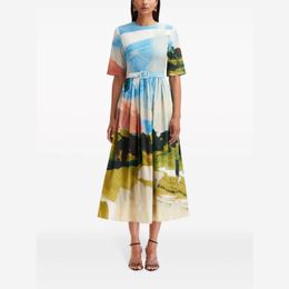 European fashion brand cotton oil painting printed crew neck short sleeve midi dress