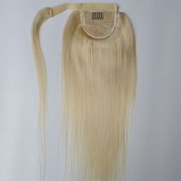 Brazilian Human Hair Ponytails Magic Sticker Straight Hook & Loop Ponytail Peruvian Indian 613# Blonde Colour 10-28inch