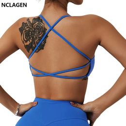 NCLAGEN Ladies Sports Bra Sexy Criss Cross Straps Back High Support Impact Yoga Underwear Running Fitness Gym Padded Bralette 240511