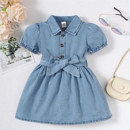 Girl's Dresses Baby Girl Fashion Dress Bubble Sleeves Flip Collar Jeans Casual Dress Summer Birthday Party Clothing for 1-3 Year Old Toddler Girls WX