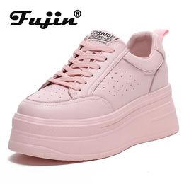 Fujin 8cm Genuine Leather Women Casual Shoes Chunky Sneakers Platform Wedge Hidden Heel Leisure Summer Sneaker 240429
