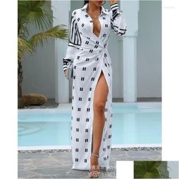 Basic Casual Dresses Women Elegant Long Sleeve Turn Down Collar Folds Slit Floor Length Dress Print Colorblock Twisted Shirt Drop D Dhmeo