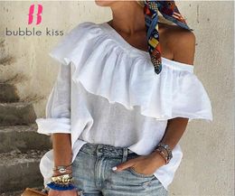 Summer Tops For Women Sexy Mini White Tops Shirts Off Shoulder Plus Size Clothing Oblique Ruffled Solid Crop Beach Holiday Party 22677613