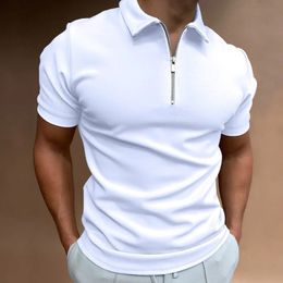 Summer mens fashion casual solid color zip-up POLO shirt slim short sleeve lapel T-shirt fitted top 240517
