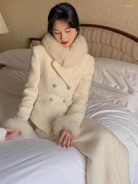 Work Dresses High-end White Blazer Skirt Suit For Women Elegant 2-piece Set Double Breasted Fur Cuffs Coat Irregular Button Midi Dress