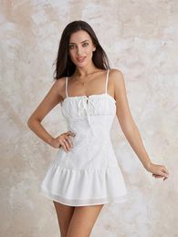 Casual Dresses Wsevypo Spaghetti Straps Ruffled Hem Mini Dress For Women Summer Elegant Flower Embroidery Backless Tie-up Slip