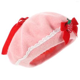 Berets Strawberry Bow Woolen French Beret Hat Wool Cap 56-58Cm Handmade Fashion Warm Gift Halloween Christmas Xmas