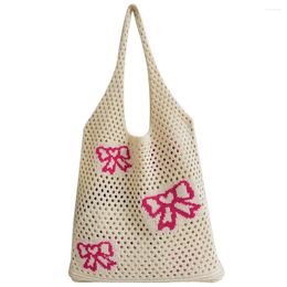 Shoulder Bags Cute Bow-Knot Pattern Knit Tote Bag Hollow Aesthetic Knitting Mesh Holiday Travel Handbag Summer Beach For Women