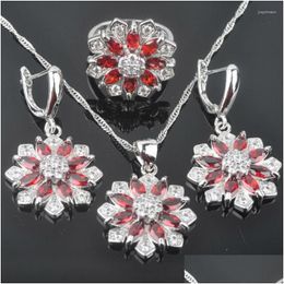 Earrings Necklace Set Fahoyo Pretty Red Zirconia Womens Sier Color Earrings/Pendant/Necklace/Rings Qz0276 Drop Delivery Jewelry Sets Dhxgi