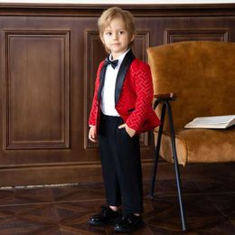 Suits Children Formal Jacket Pants Bowtie 3PCS Photograph Suit Boys Wedding Performance Piano Host Set Kids 1Year Birthday Party Dress Y240516