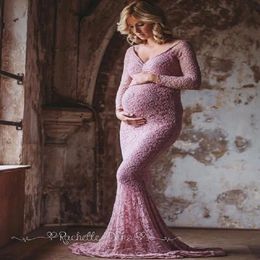 Women's Off Shoulder Lace Mermaid Maternity Maxi Dress Summer V Neck Long Sleeve Slim Fit Gown for Photography Baby Shower