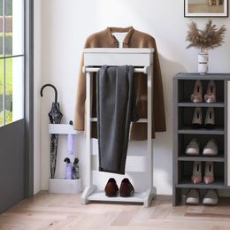 Suporte de traje de madeira, multifuncional com cabide de terno, barra de calça, barra de cinta de gravata, rack de sapatos e bandeja de armazenamento