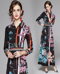 Plus Size Runway Women Classic Fashion Floral Printed Pleated Casual Maxi Dress Slim Ladies Elegant Office Party Long Sleeve Lapel8470612