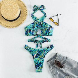 Women's Swimwear Cross Bandage Bikini Push Up Swimsuit Separate Tropical Print Sexy Backless Micro Thong Women Beach Outfit Bathing Suit