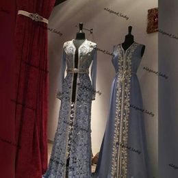Dusty Blue Caftan Robes Evening Dresses 2021 Lace Chiffon Beaded Embroidery Kaftan Moroccan Kaftan Dubai Abaya Arabic Prom Gown 361S