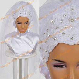 2016 Bridal Hijab with Crystals Rhinestones and Lace Appliques Details Real Pictures Pearls White Muslim Wedding Veils Custom Made 277i