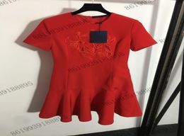 2022SS summer brand designer womens red dresses Mermaid skirt Embroidered hollow letter flowers Lotus leaf hem waist shortsleeved8004628