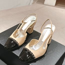 Vintage Heeled Slingbacks Chunky Heel 9cm Womens Designer Dress Shoes Lambskin Classic Pumps Round Toes Chain Splice Sandals Metal Adjustable Ankle Buckle Sandal
