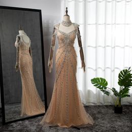 Party Dresses Serene Hill Champagne Nude Tassel Beaded Mermaid Evening 2024 Gowns With Gloves For Women DLA71540 Rts