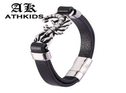 Personality Stainless Steel Scorpion Bracelet Men Jewellery Black Leather Bangles Magnet Buckle Male Wrist Band PD04775502481