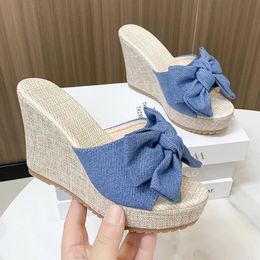 Women Fashion Casual Party Club Shoes Bowknot Design Platform Wedge Slippers Sandals Summer Flip Flops 240517