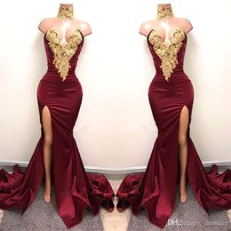 Sexy Arabic Burgundy Prom Dresses Evening High Neck Gold Lace Appliqued Sleeveless Mermaid Front Split Elegant Formal Party Gowns 210w