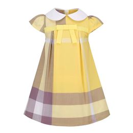 Summer Baby Girls Yellow Dress Kids Lapel College Short Sleeve Pleated Shirt Skirt Children Bowknot Casual Clothing Kids Designer Clothes