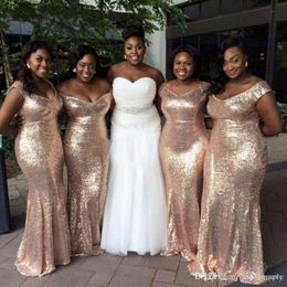 Sparkly Gold Sequins Cheap Mermaid Bridesmaid Dresses Off Shoulder Backless African Plus size Beach Wedding Gowns 351G