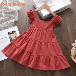 Bear Leader Summer 2023 Ny Casual Baby Kid Girl Spädbarn är ärmlöshet Ruffles Princess Dress Söt solid Color Korean Kids Clothes L2405