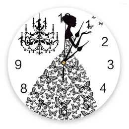 Wall Clocks Butterfly Dresses Girl Chandelier Black And White Clock Fashion Living Room Watch Modern Home Decoration Round