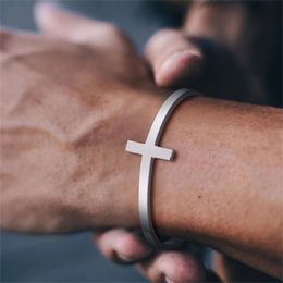 Trendy Silver Colour Cross Cuff Bracelet High Quality Stainless Steel Geometry Open Bangle For Men Unisex Jewellery 240513