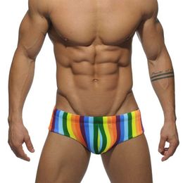 Men's Swimwear Mens Swimwear Sexy Bikini Pride Rainbow Striped Swimming Briefs Low Waist Drawstring Bathing Suit Beach Shorts Surf Panties Y240517