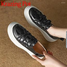 Casual Shoes Krazing Pot Full Grain Leather Round Toe Thick High Heels Breathable Brand Chic Non-slip Daily Wear Loop Causal Vulcanised