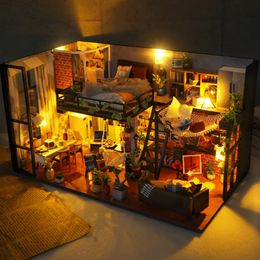 DIY Big House Dollhouse Building Kit DIY Wooden Doll House Miniature Bedroom with Furniture Light and Dustcover for Children Toy 240516