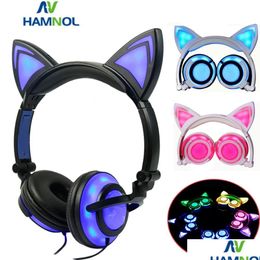Headphones Earphones Funny Rechargeable Cat Ear Fly Led Lighting Kitty Cats Earphone Flashing Bear Cosplay Headset Gaming For Adt Dhpz0