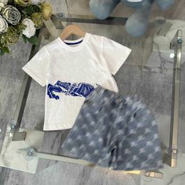 Fashion kids tracksuits designer boys summer suit baby clothes Size 100-160 CM 2pcs Knight patterned T-shirt and logo printed denim shorts 24May