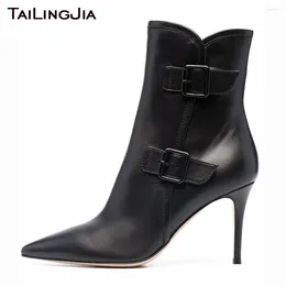 Boots Black PU Leather Women's Pointed Toe Ankle Stiletto High Heel Short Ladies Plus Size Heeled Booties Party Club Shoes