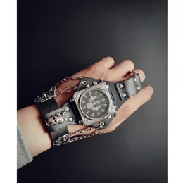 Wristwatches Men Punk Skull Black Leather Bracelet Wrist Watches With 50mm Wide Band Big Dial Watch Hours For Relogio Masculino