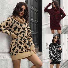 Casual Dresses 2024 Autumn Leopard Sweater Dress Women Turtleneck Winter Loose Knitted For Thick Warm Turtle Neck Ladies