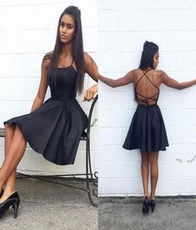 Sexy Criss Cross Back Black Cocktail Dresses Spaghetti Straps Satin Homecoming Party Gowns Backless Short Prom Dresses6055960