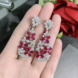 Charm Flower Ruby Diamond Dangle Earring 100% Real 925 Sterling Silver Wedding Drop Earrings for Women Engagement Jewellery Gift 240507