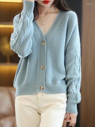 Women's Knits Fashion Loose Women Short Coat Pure Merino Wool Cardigan Sweater V-neck Long Sleeve Spring Fall Female Knitwear Tops