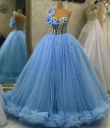 2023 april Aso Ebi Pärled Crystals Quinceanera klänningar Sky Blue Sheer Neck Ball Gown Tulle Prom Evening Party Pageant Birthday Gowns Dress 0528