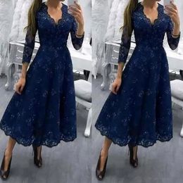 Navy Blue V Neck Modest Tea Length Plus Size Mother of the Bride Dress 3 4 Long Sleeves Wedding Party Gowns Lace Formal Guests 286o