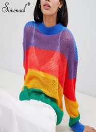 Simenual Big size rainbow women sweaters and pullovers autumn knitted clothing 2018 fashion transparent sexy jumper pull new8710856