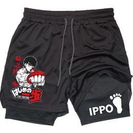 IPPO Anime Gym Shorts Men Boxing Gothic Manga 2 in 1 Compression Performance Quick Dry Athletics Short Pants Summer 240510